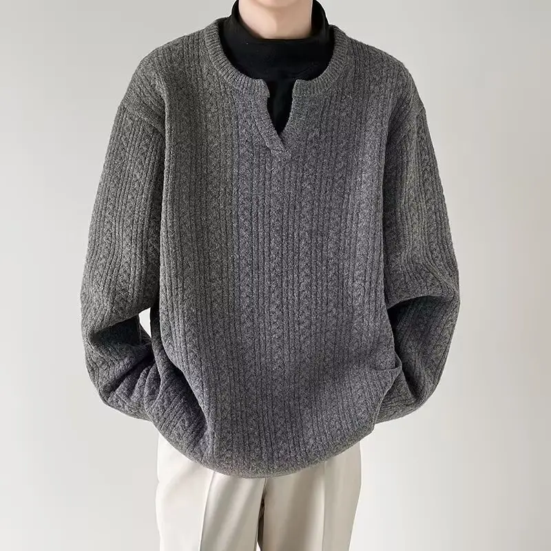 Men's V-Neck Knitted Sweater Cream Loose Casual — feature 9