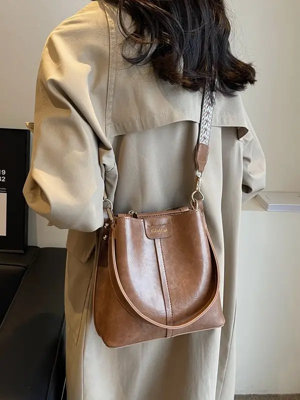 Women's Vintage Brown Leather Bucket Bag Shoulder Messenger - Image 10