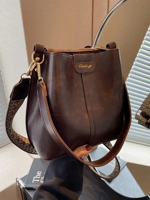 Women's Vintage Brown Leather Bucket Bag Shoulder Messenger - Image 11