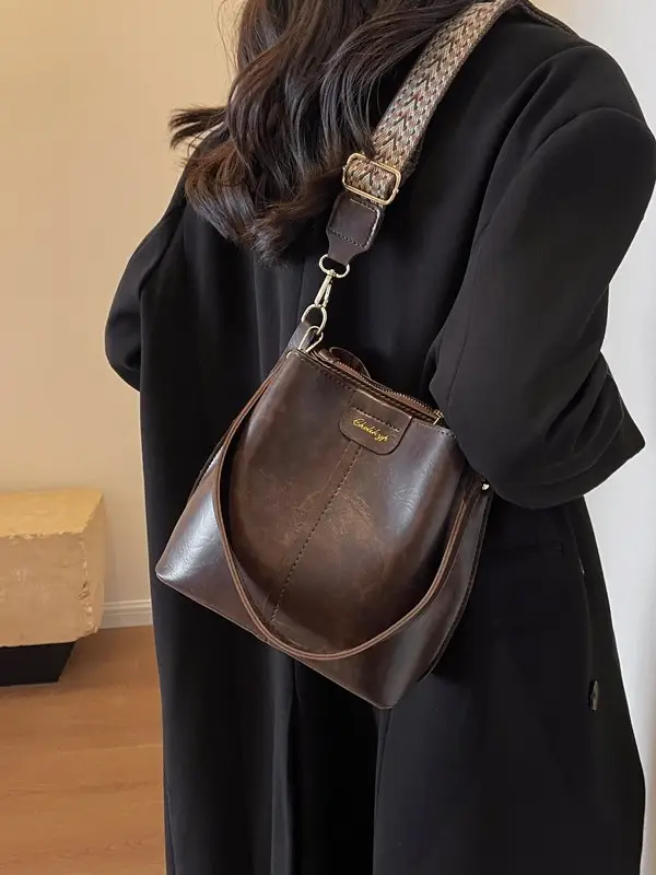 Women's Vintage Brown Leather Bucket Bag Shoulder Messenger - Image 12