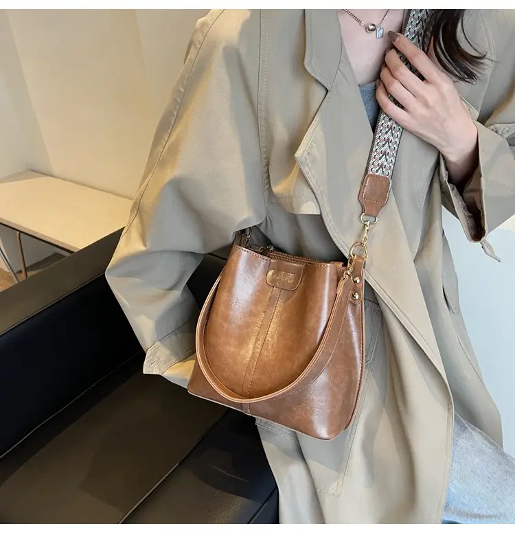 Women's Vintage Brown Leather Bucket Bag Shoulder Messenger — feature 18