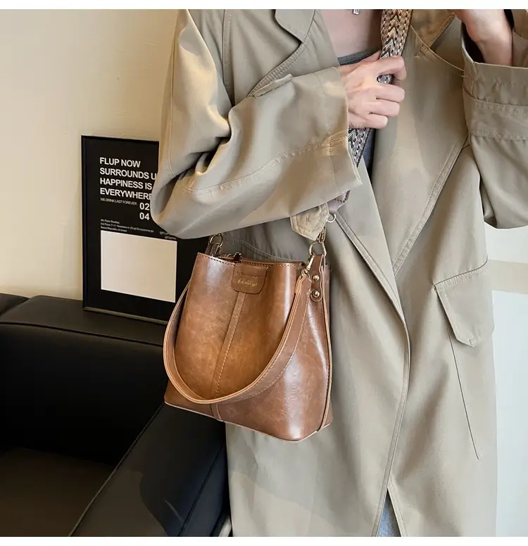 Women's Vintage Brown Leather Bucket Bag Shoulder Messenger — feature 19