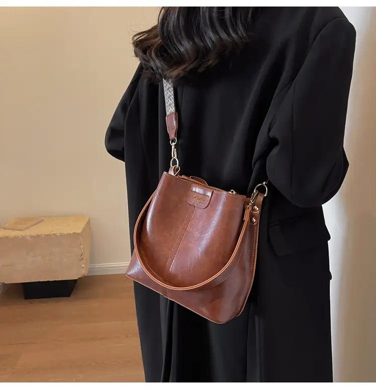 Women's Vintage Brown Leather Bucket Bag Shoulder Messenger — feature 23