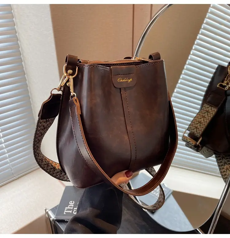 Women's Vintage Brown Leather Bucket Bag Shoulder Messenger — feature 25