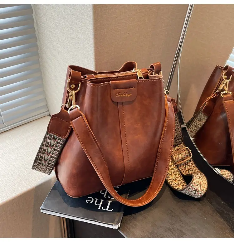 Women's Vintage Brown Leather Bucket Bag Shoulder Messenger — feature 28