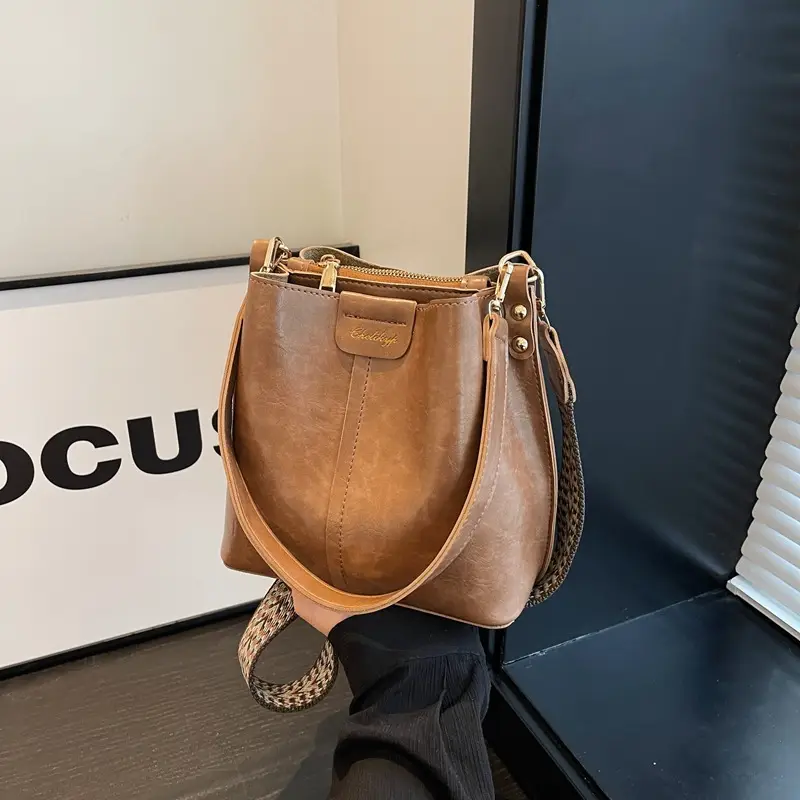 Women's Vintage Brown Leather Bucket Bag Shoulder Messenger - Image 2