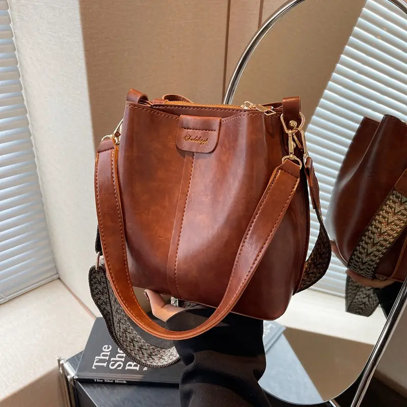 Women's Vintage Brown Leather Bucket Bag Shoulder Messenger - Image 3