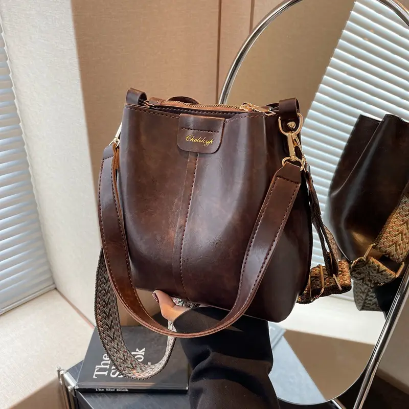 Women's Vintage Brown Leather Bucket Bag Shoulder Messenger - Image 4