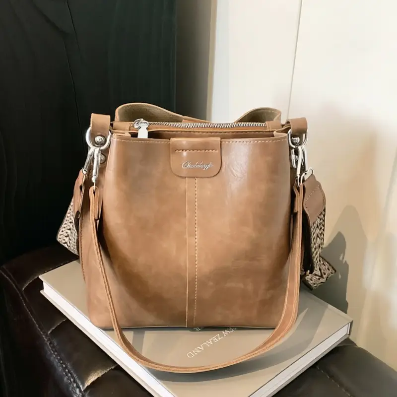 Women's Vintage Brown Leather Bucket Bag Shoulder Messenger - Image 6