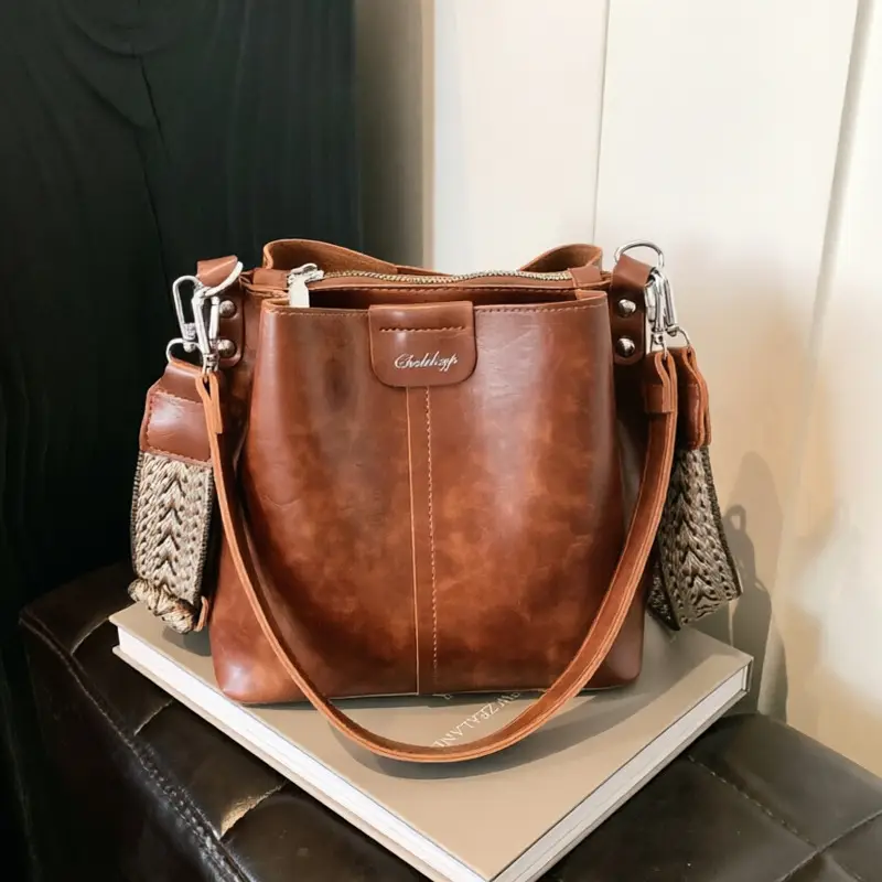 Women's Vintage Brown Leather Bucket Bag Shoulder Messenger - Image 7
