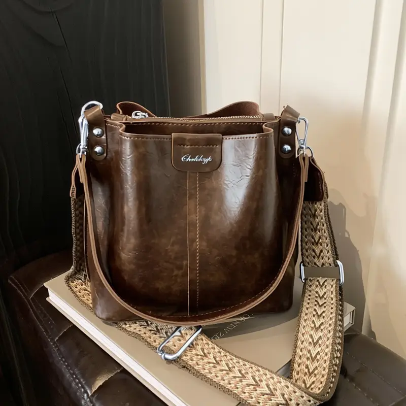 Women's Vintage Brown Leather Bucket Bag Shoulder Messenger - Image 8