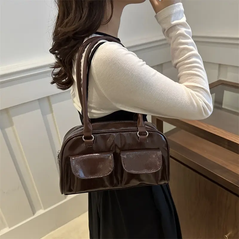 Women Retro Double Pocket Shoulder Bag Brown 2024 - Image 8