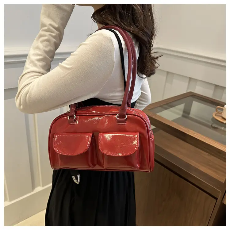 Women Retro Double Pocket Shoulder Bag Brown 2024 — feature 10