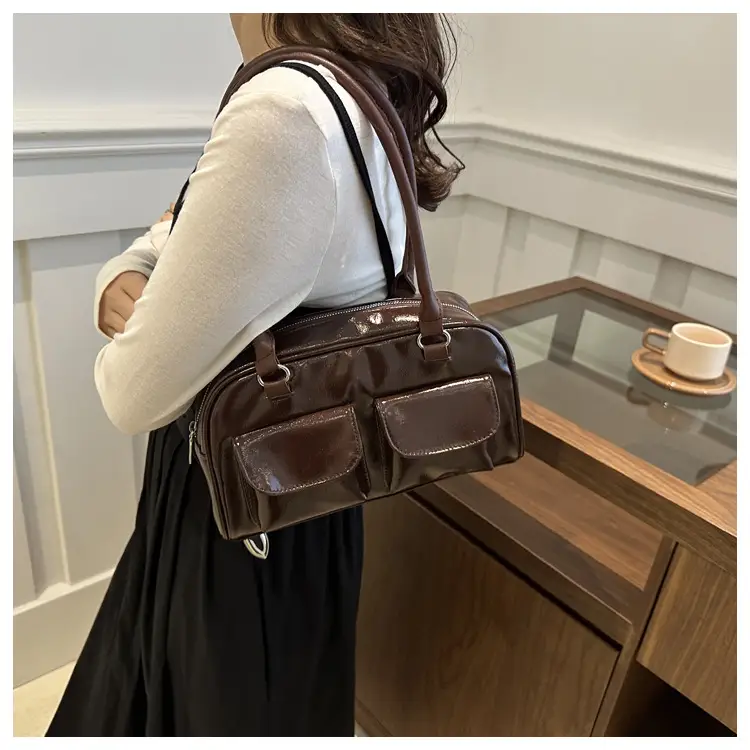 Women Retro Double Pocket Shoulder Bag Brown 2024 — feature 12