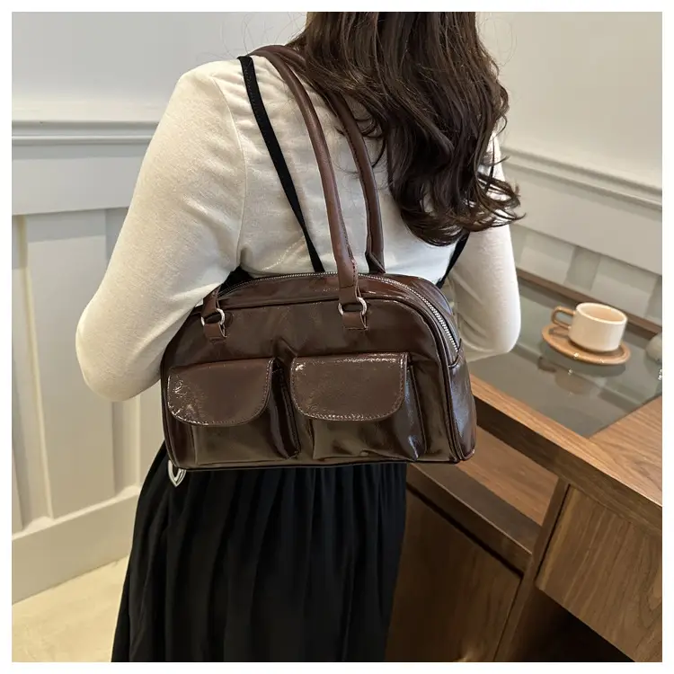Women Retro Double Pocket Shoulder Bag Brown 2024 — feature 13