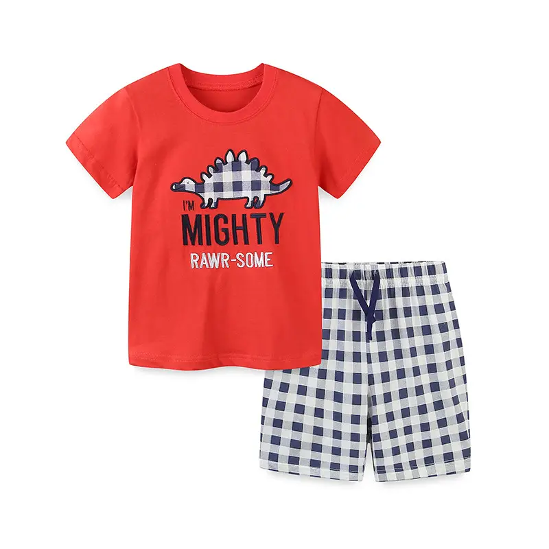 Blue Checkered Crewneck Boys Suit Summer Wear