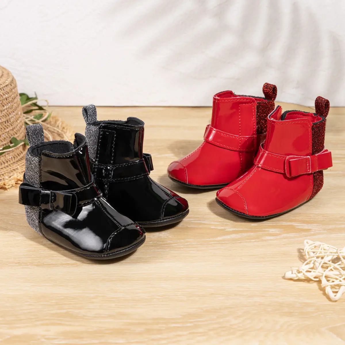 2024 Winter Baby Boots Black Red Bow Hook Loop