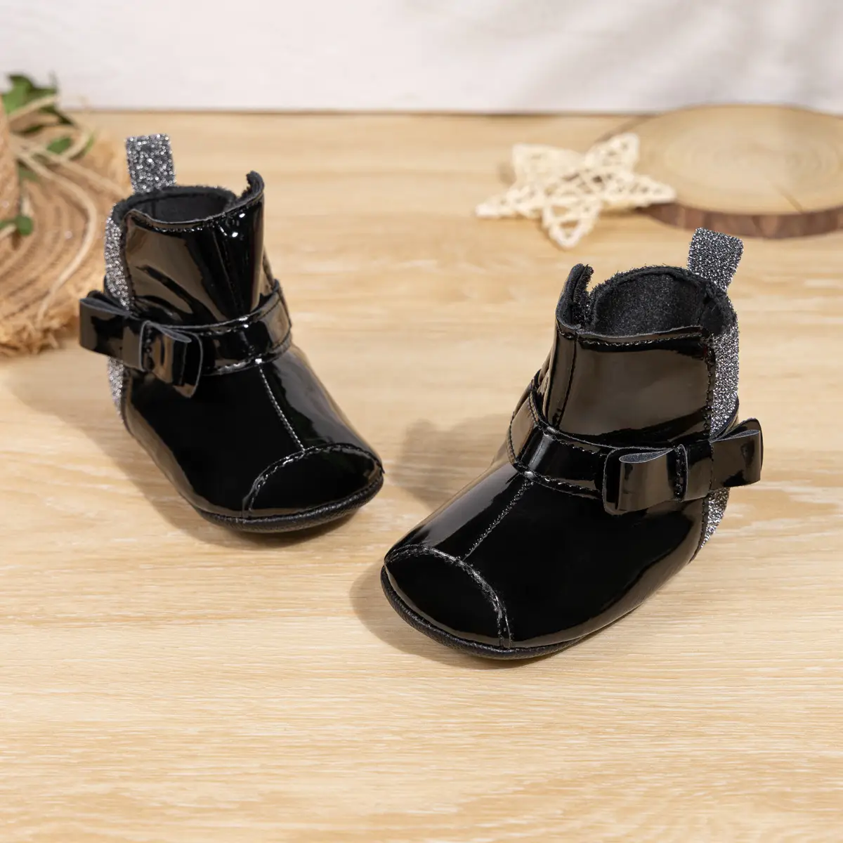 2024 Winter Baby Boots Black Red Bow Hook Loop