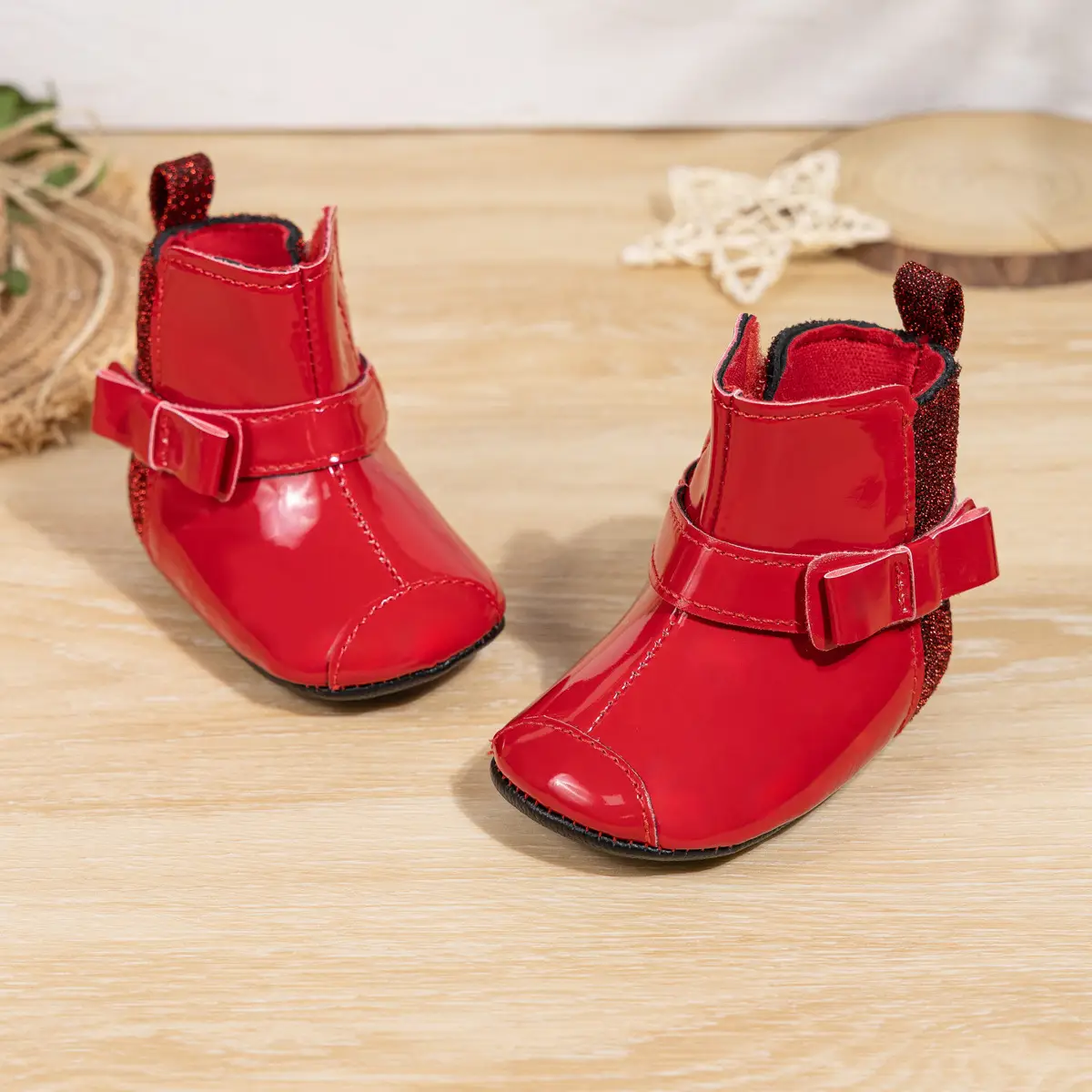 2024 Winter Baby Boots Black Red Bow Hook Loop
