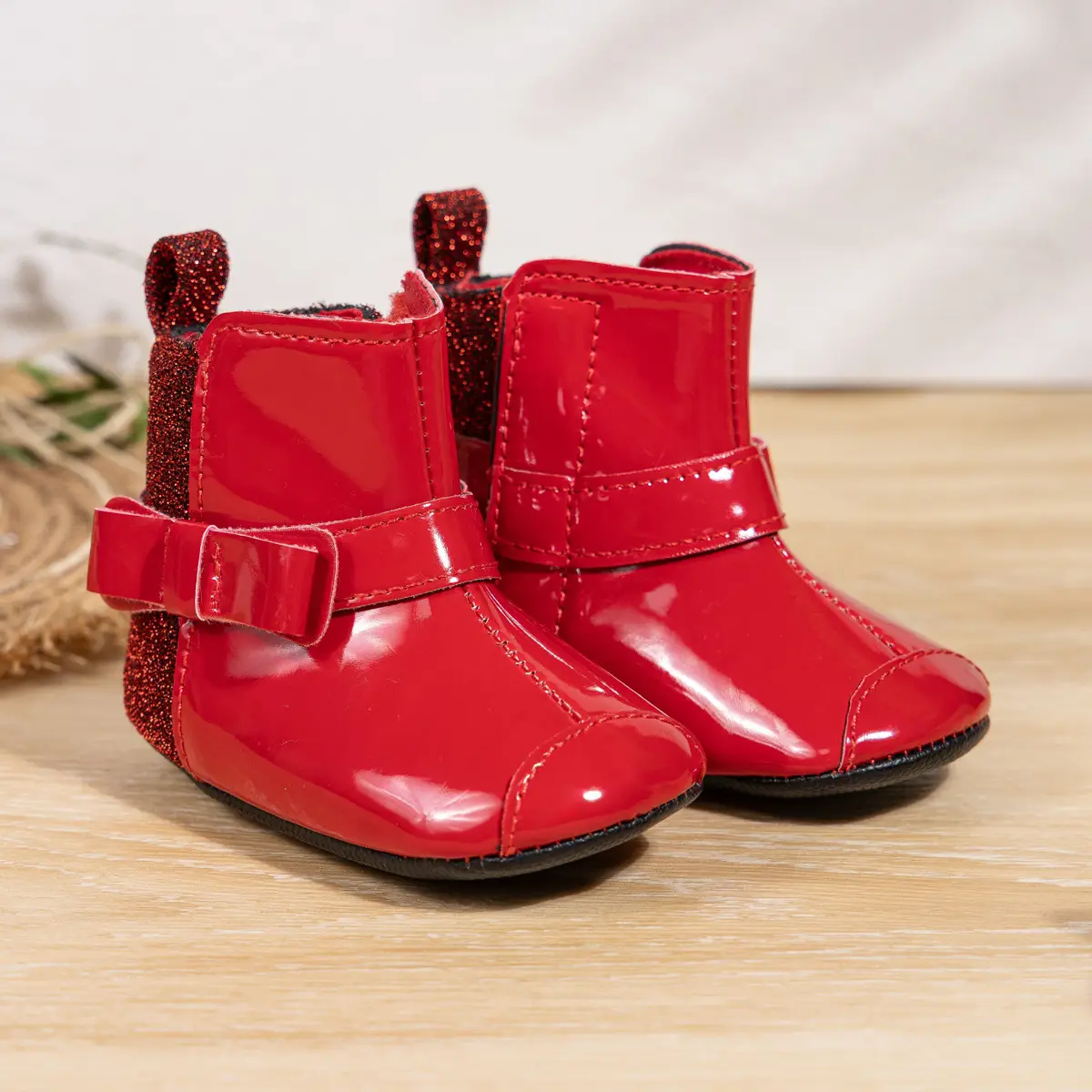 2024 Winter Baby Boots Black Red Bow Hook Loop — feature 17
