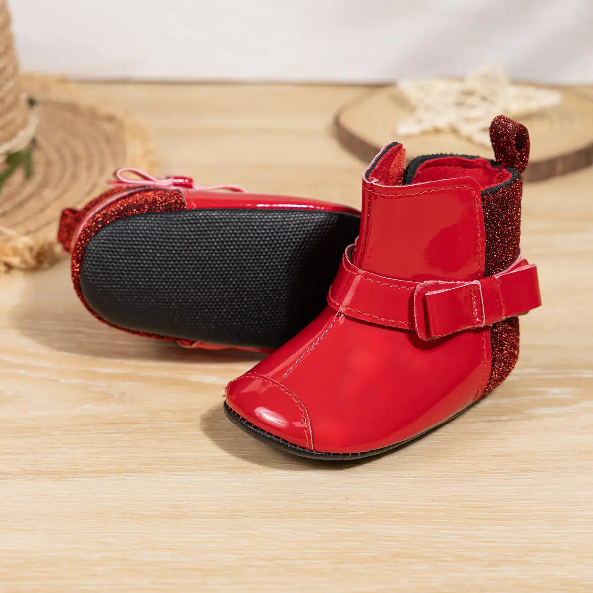 2024 Winter Baby Boots Black Red Bow Hook Loop — feature 18