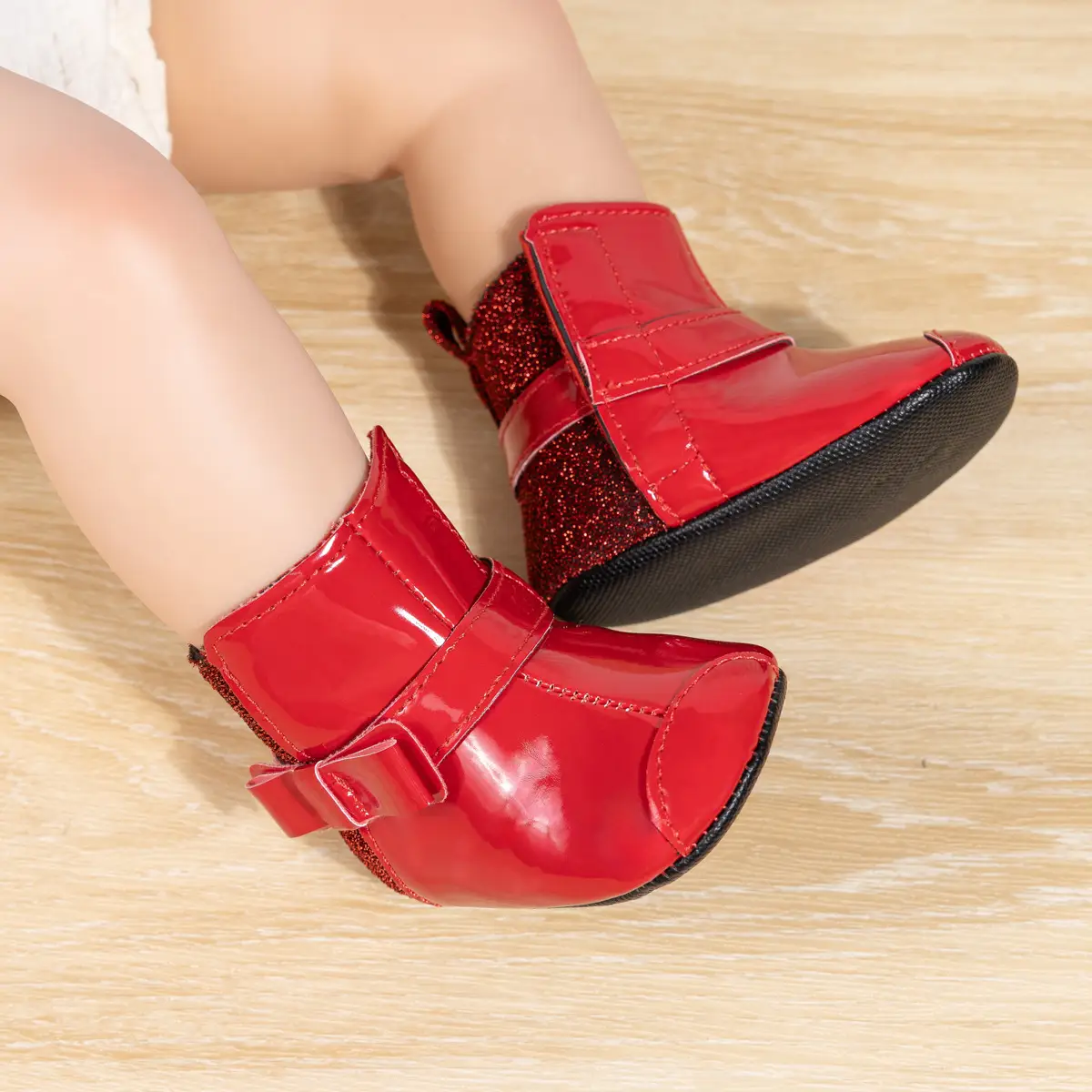 2024 Winter Baby Boots Black Red Bow Hook Loop — feature 21