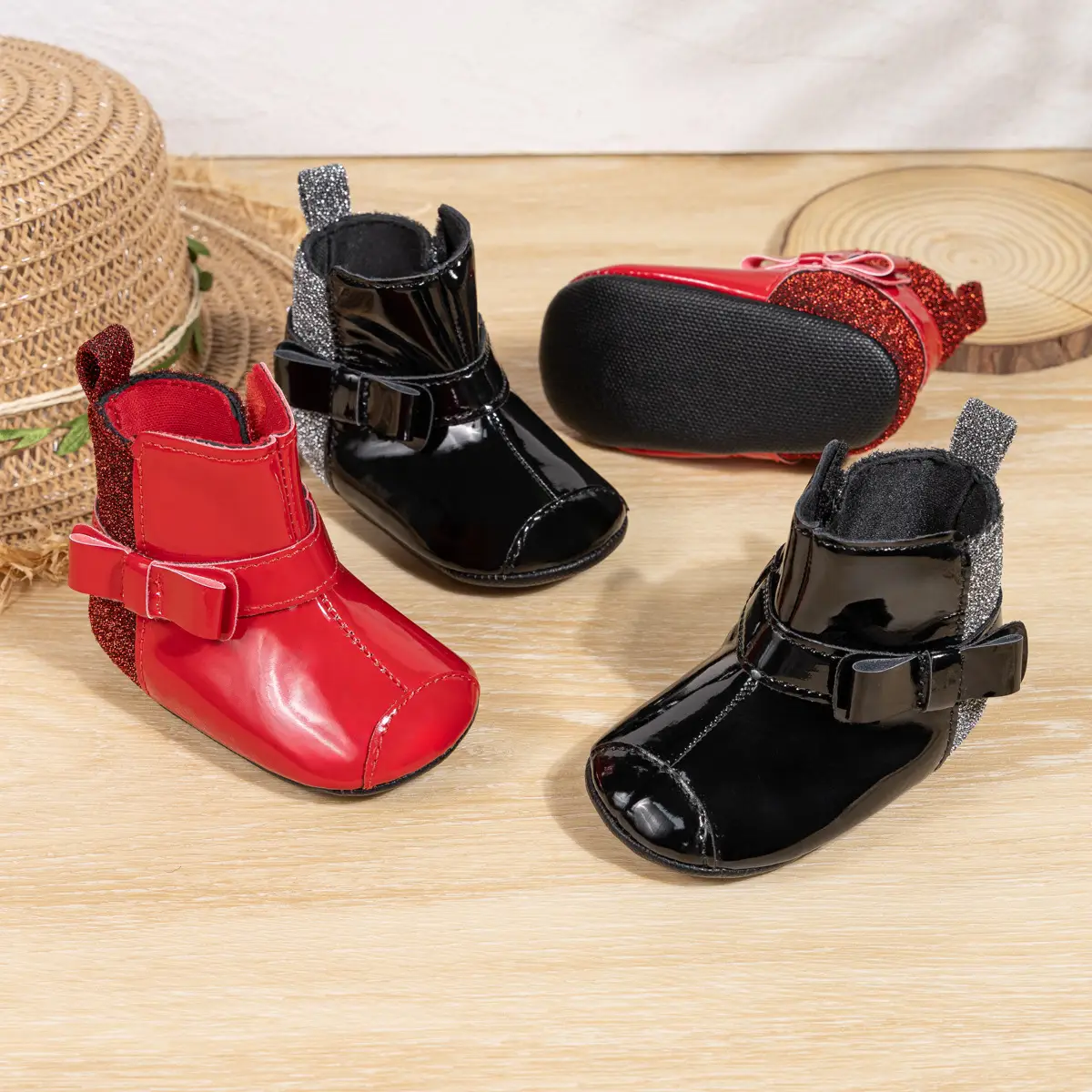 2024 Winter Baby Boots Black Red Bow Hook Loop — feature 5