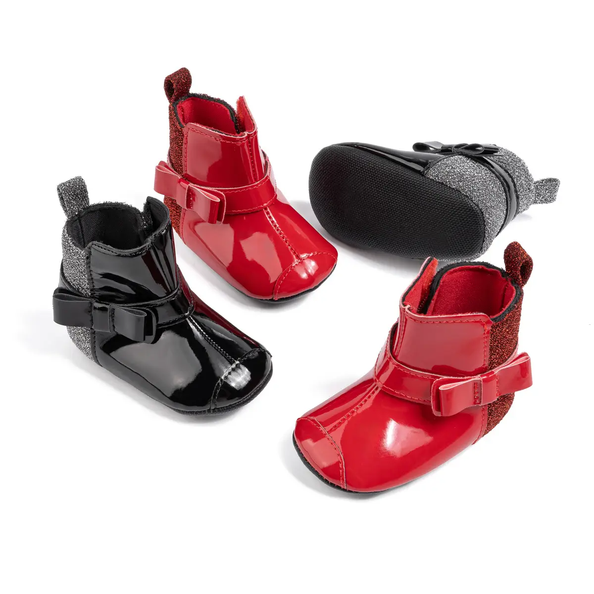 2024 Winter Baby Boots Black Red Bow Hook Loop — feature 7