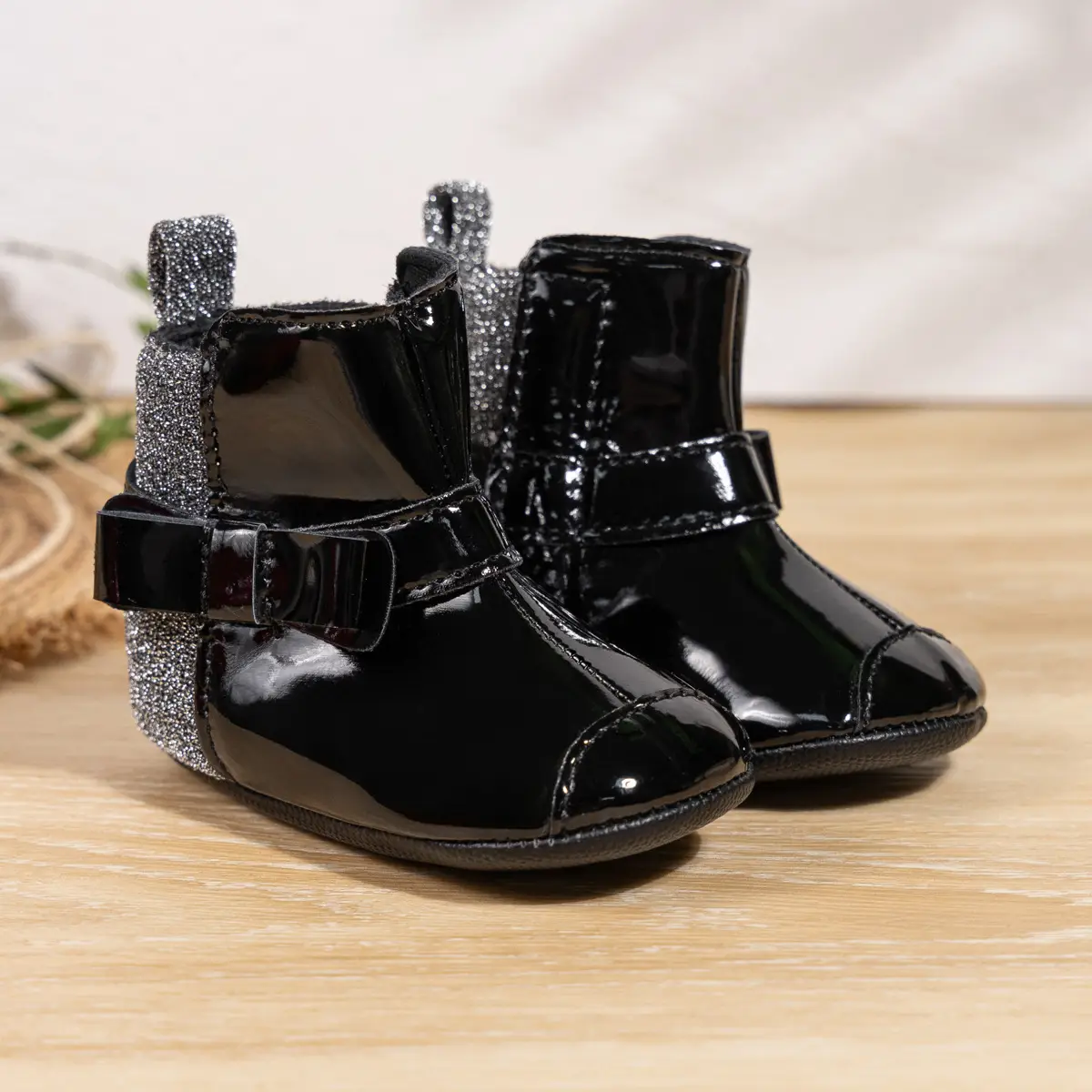 2024 Winter Baby Boots Black Red Bow Hook Loop — feature 8