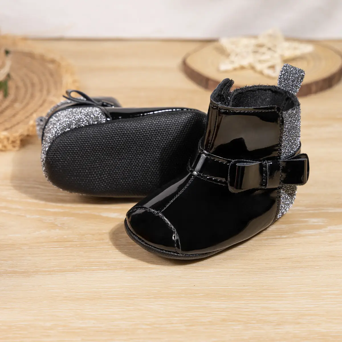 2024 Winter Baby Boots Black Red Bow Hook Loop — feature 9