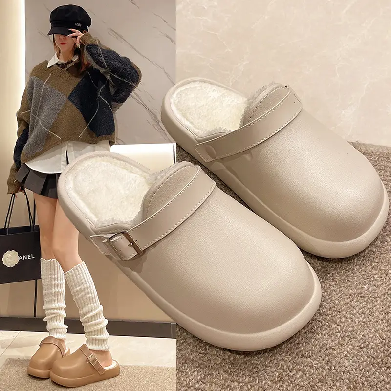 Women Waterproof Slip-On Birkenstock Shoes Beige Fleece Lined - Image 3