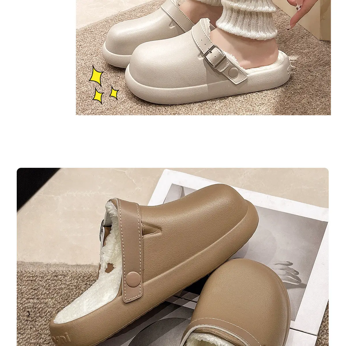 Women Waterproof Slip-On Birkenstock Shoes Beige Fleece Lined — feature 15