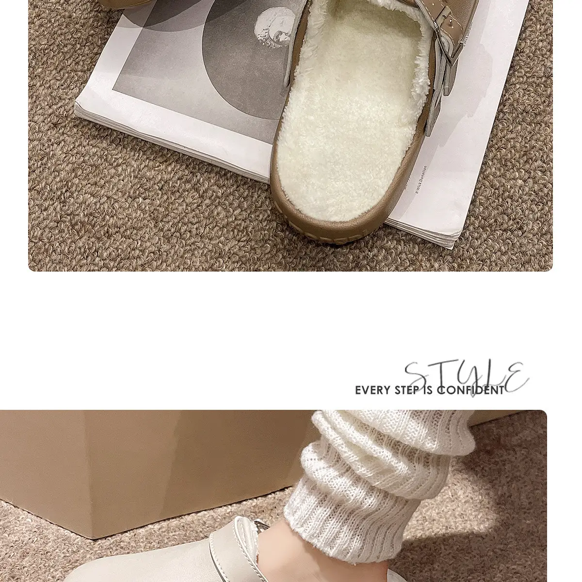 Women Waterproof Slip-On Birkenstock Shoes Beige Fleece Lined — feature 16