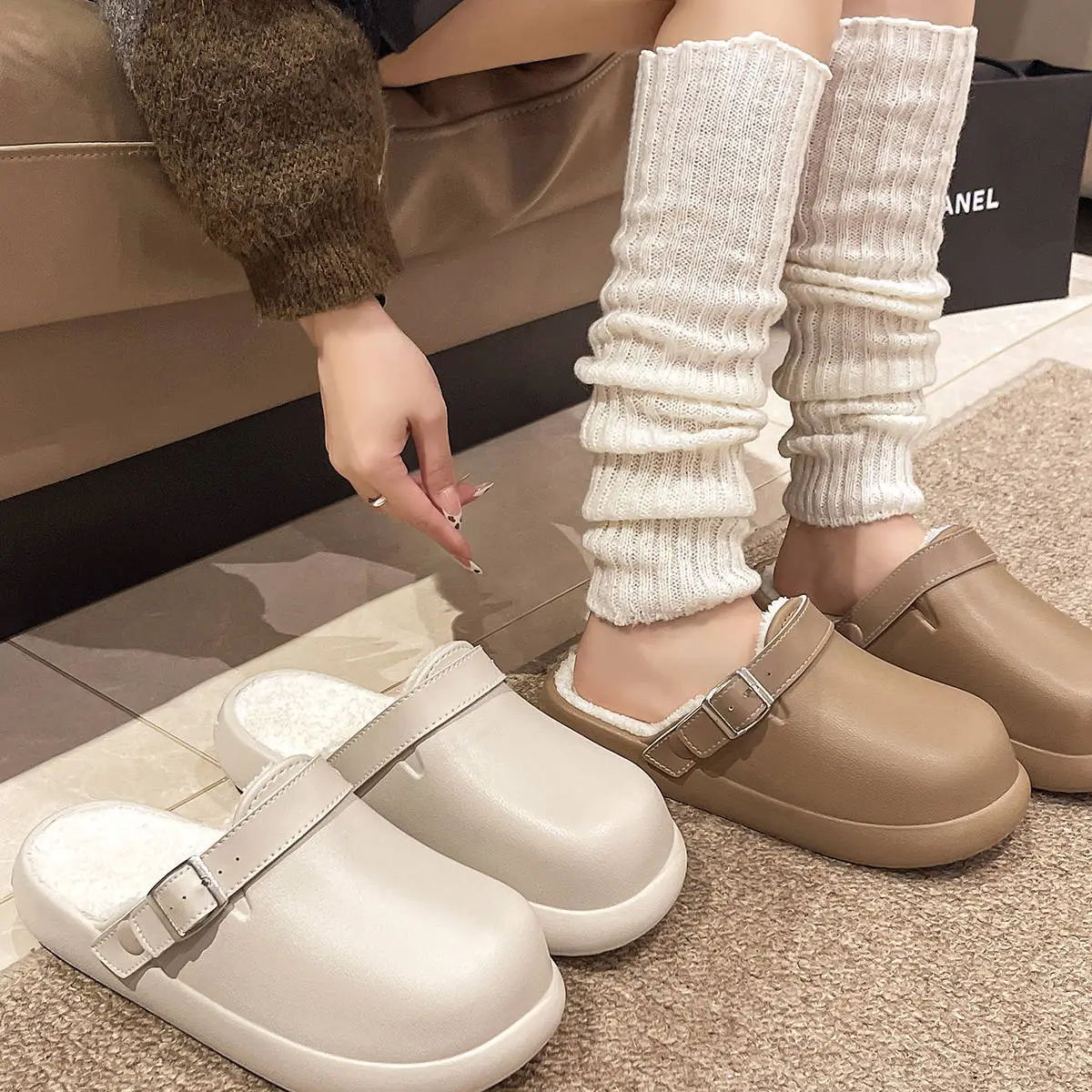 Women Waterproof Slip-On Birkenstock Shoes Beige Fleece Lined — feature 18