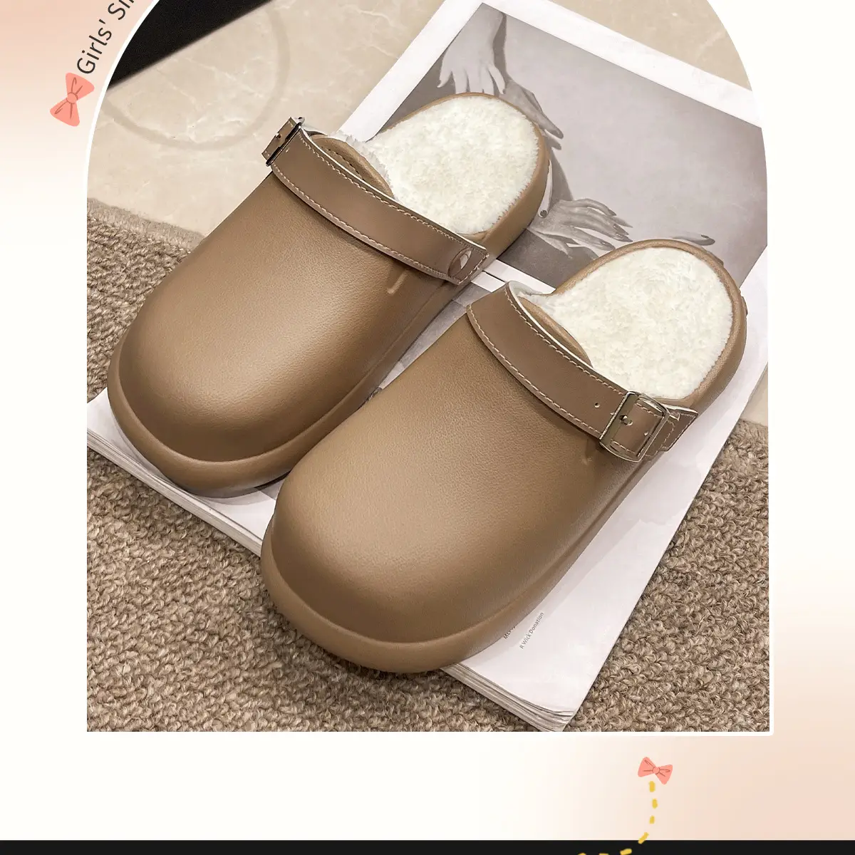 Women Waterproof Slip-On Birkenstock Shoes Beige Fleece Lined — feature 3
