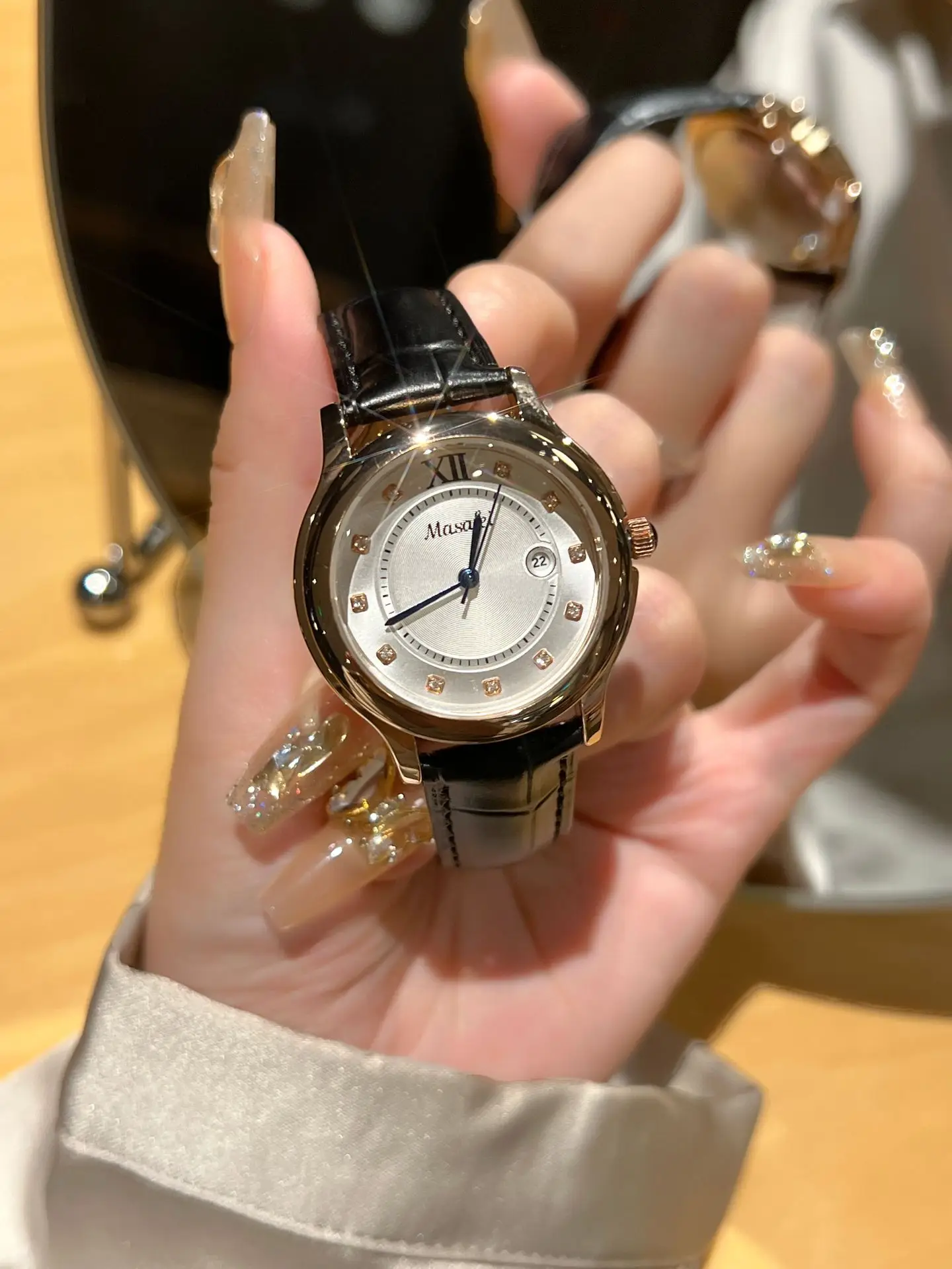 Women's Balloon Watch with Diamond Dial & Black Strap — feature 2