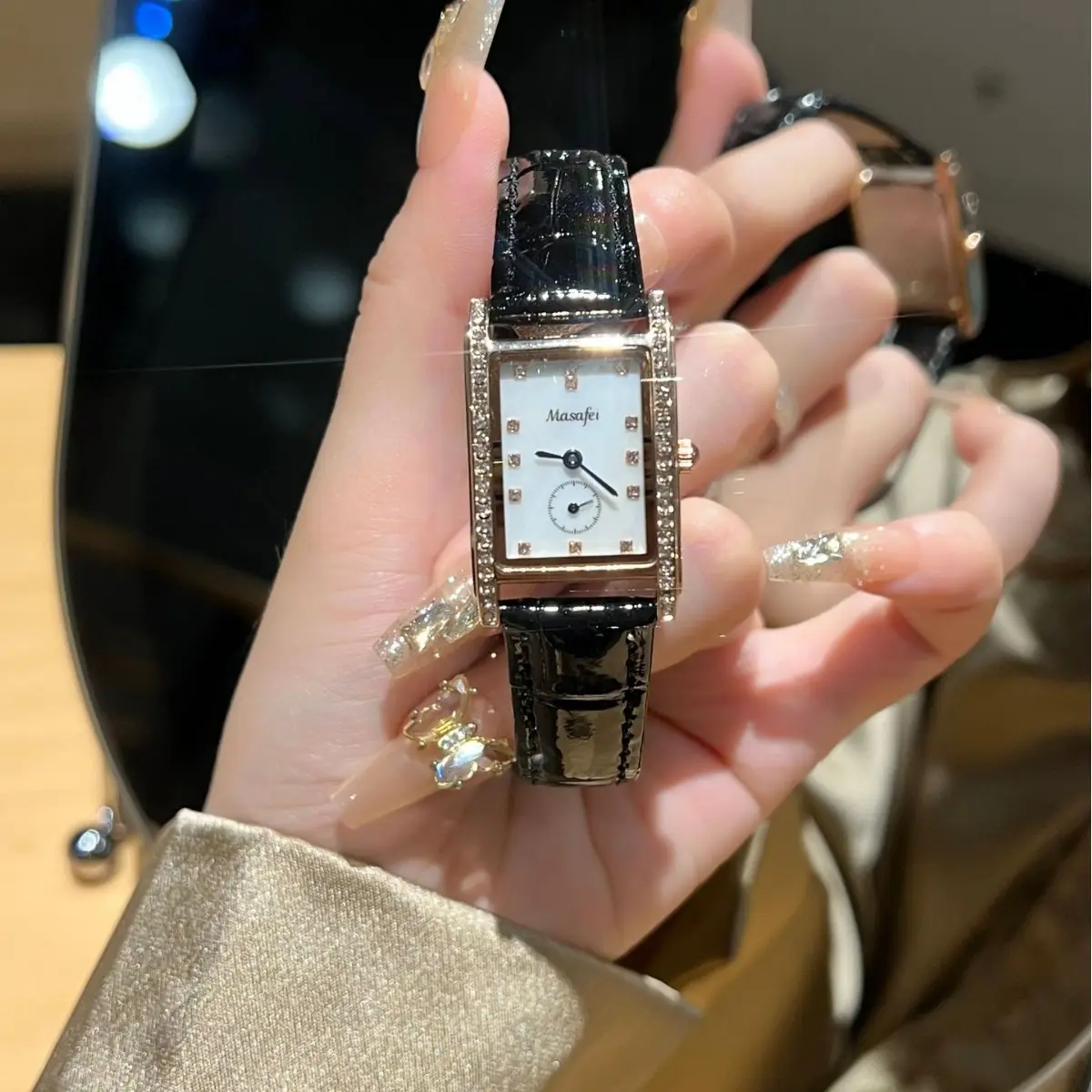 Women's Square Watch Drill Ring Blue Stone Quartz Two Half