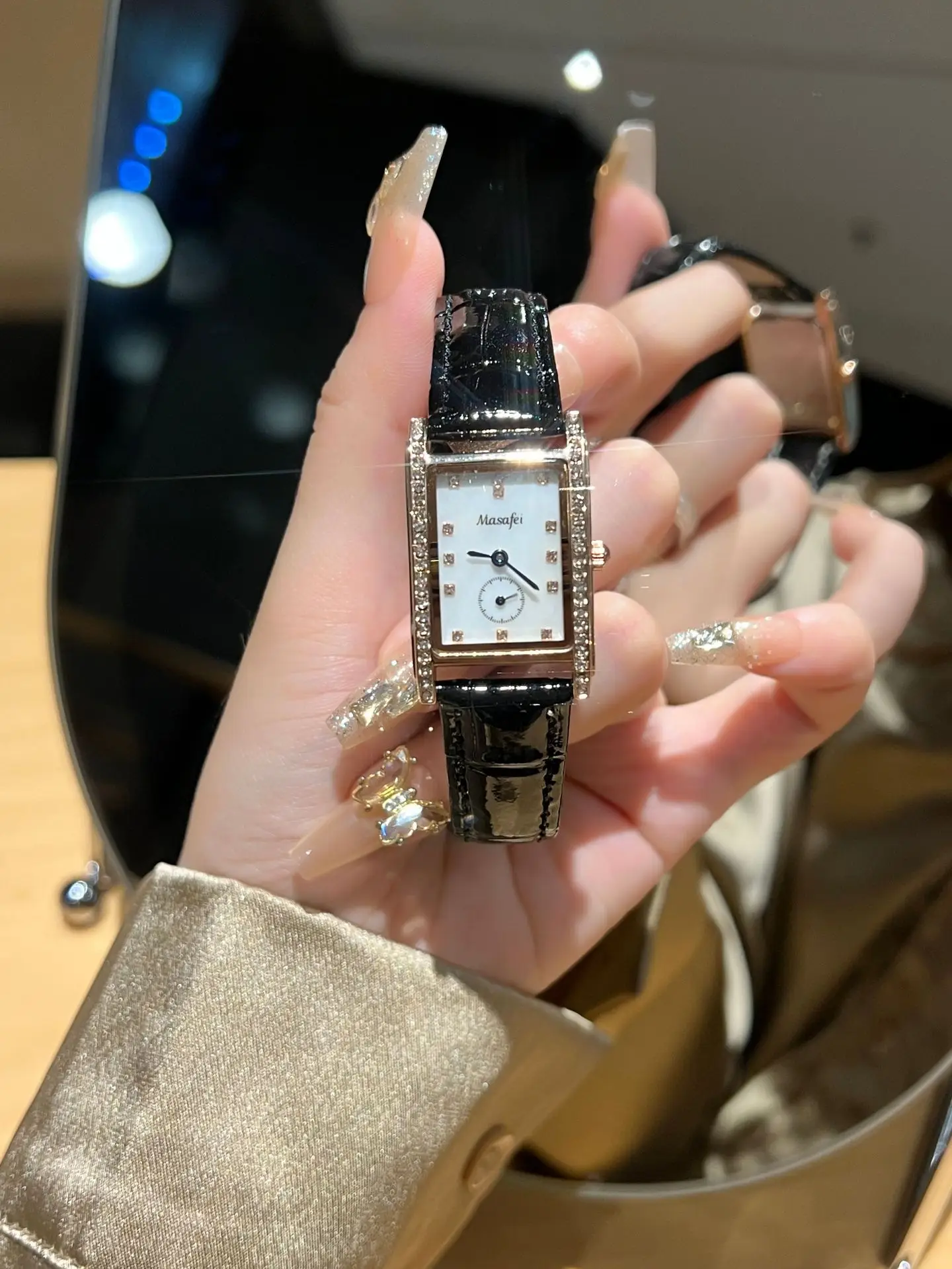 Women's Square Watch Drill Ring Blue Stone Quartz Two Half