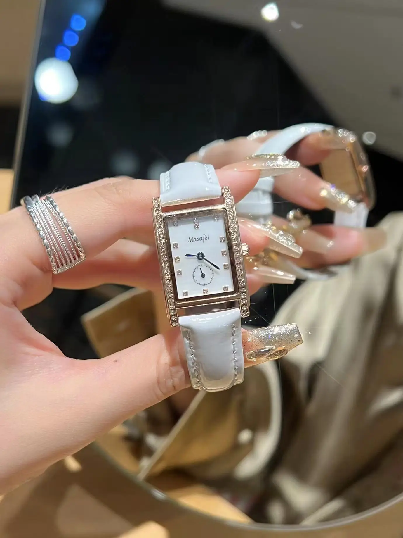 Women's Square Watch Drill Ring Blue Stone Quartz Two Half