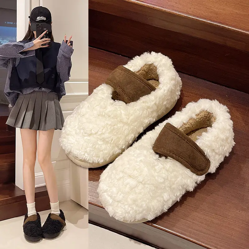 Retro Style Plush Cotton Shoes Women's Winter Outer Wear Non-slip fleece-lined Warm Mao Shoes Thick Sole Contrast Color Bag Heel Cotton Slippers - Image 5