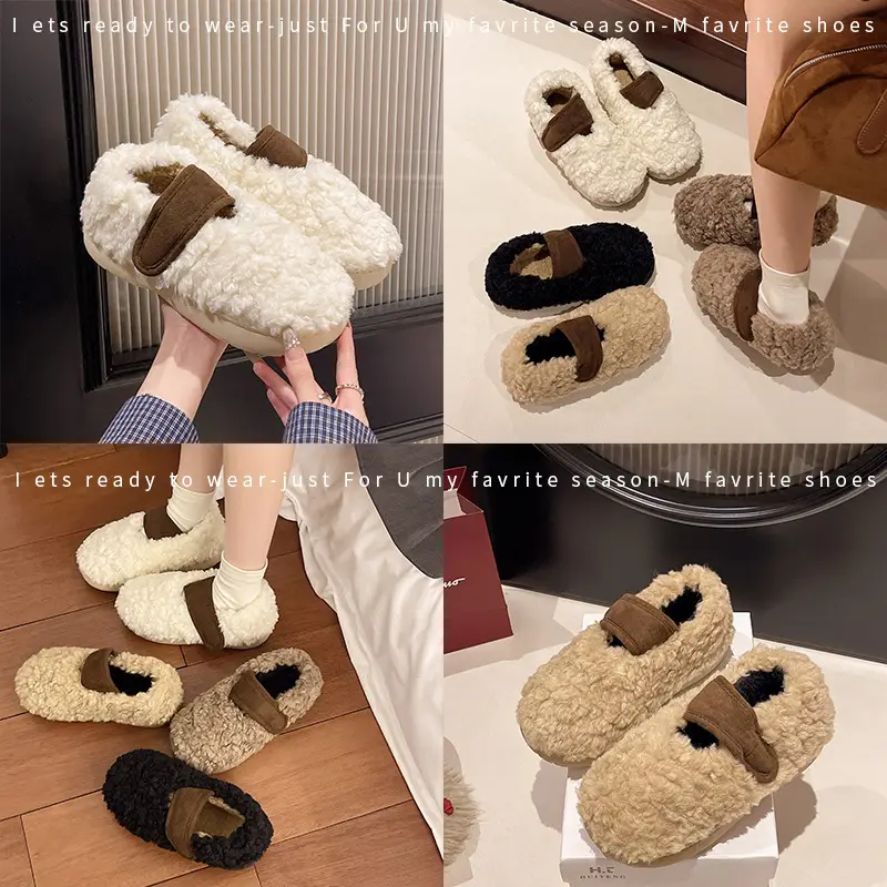 Retro Style Plush Cotton Shoes Women's Winter Outer Wear Non-slip fleece-lined Warm Mao Shoes Thick Sole Contrast Color Bag Heel Cotton Slippers - Image 6