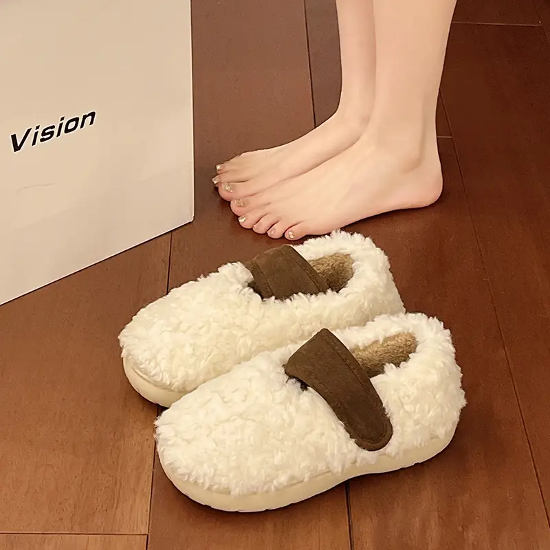 Retro Style Plush Cotton Shoes Women's Winter Outer Wear Non-slip fleece-lined Warm Mao Shoes Thick Sole Contrast Color Bag Heel Cotton Slippers - Image 7
