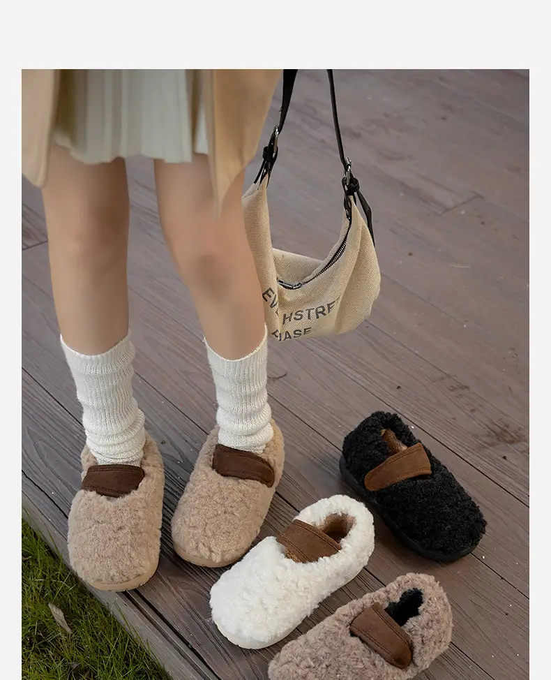 Retro Style Plush Cotton Shoes Women's Winter Outer Wear Non-slip fleece-lined Warm Mao Shoes Thick Sole Contrast Color Bag Heel Cotton Slippers — feature 5