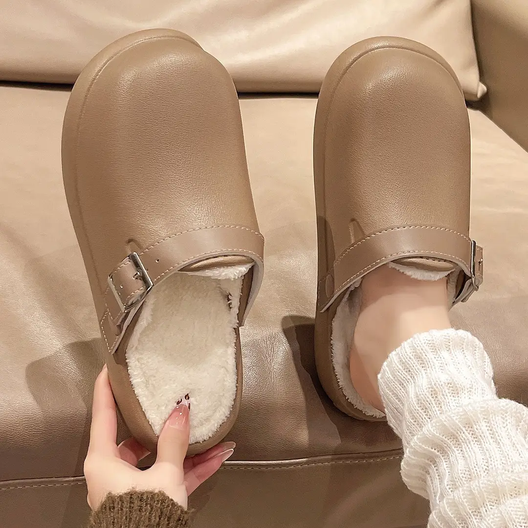 Waterproof Birkenstock Shoes for Women 2026 Autumn and Winter New Style Slip-On Women's Shoes Winter Fleece-Lined Thick-Soled Closed-Toe Birkenstock Half Slippers - Image 3