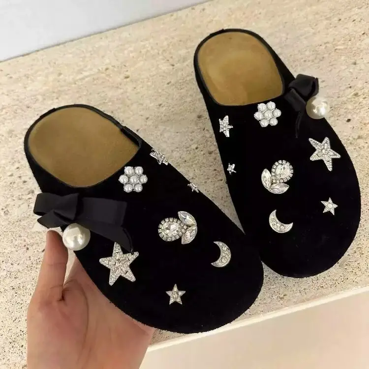 Korean Style Rhinestone Bow Slippers Black 2024