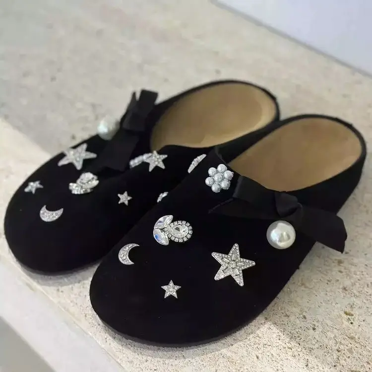 Korean Style Rhinestone Bow Slippers Black 2024