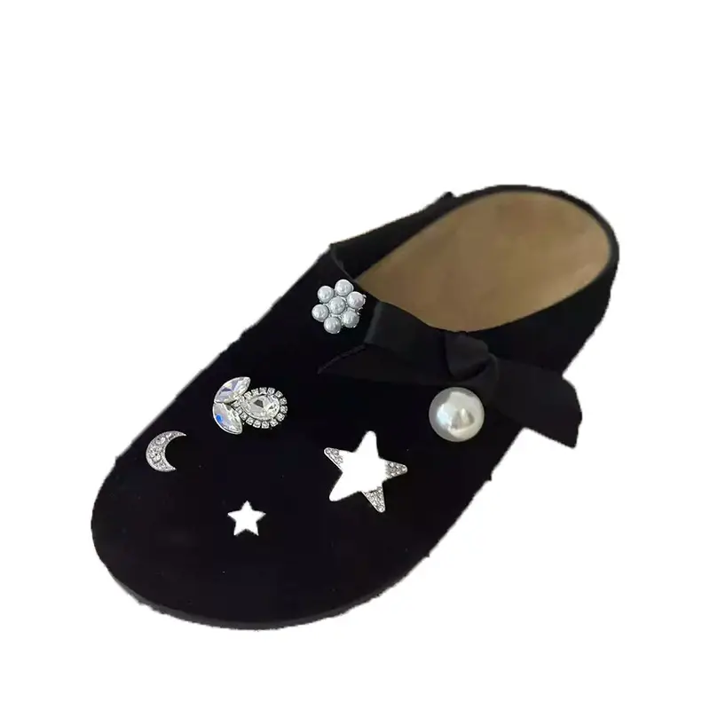 Korean Style Rhinestone Bow Slippers Black 2024