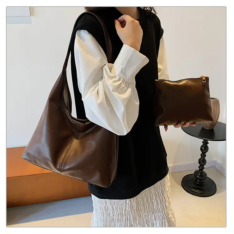 Brown Leather Shoulder Bag & Zipper Pouch Set — feature 19