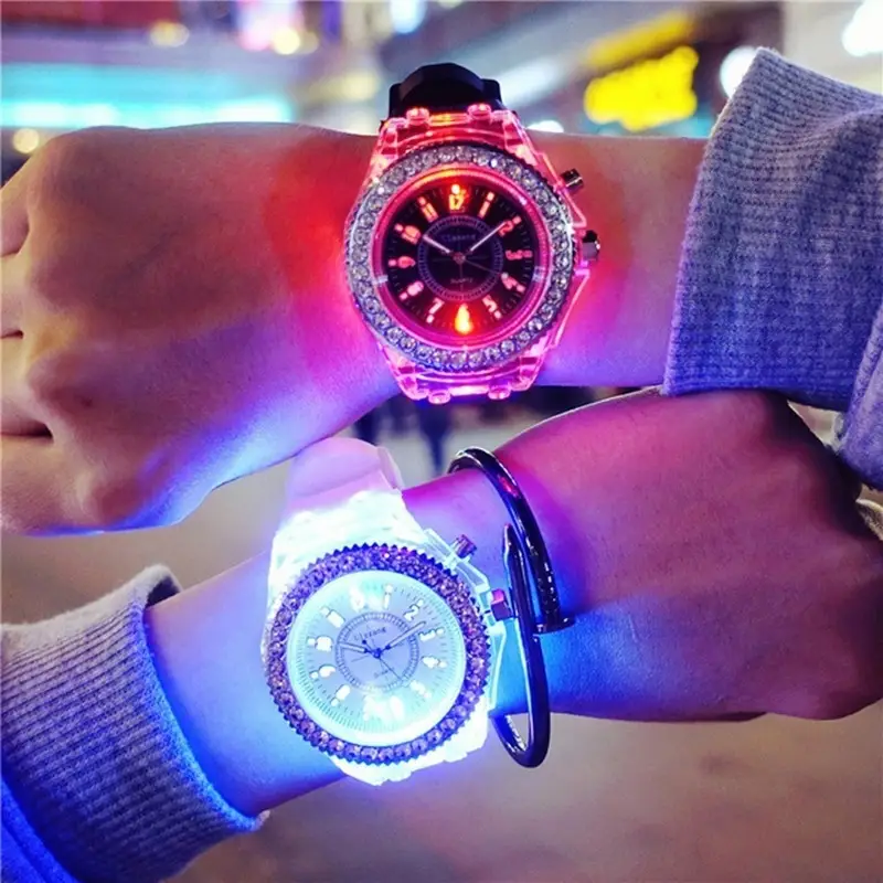 New colorful lighting personality rhinestone led Harajuku South Korea fashion trend for men and women students couple quartz watch