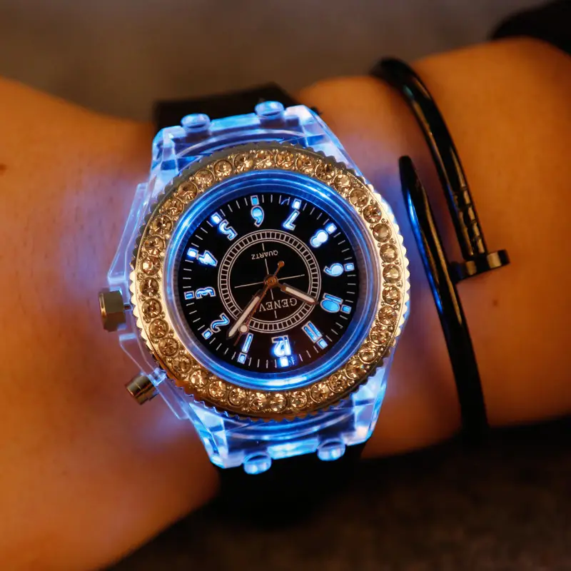 New colorful lighting personality rhinestone led Harajuku South Korea fashion trend for men and women students couple quartz watch